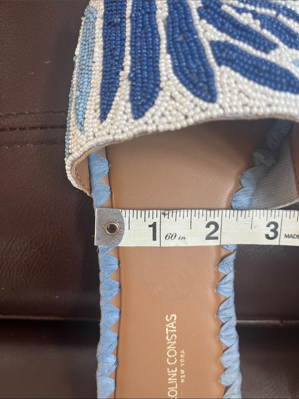 Blue Beaded  8 1/2 Slide Sandals with Leaf Motif by Carolina Costas - Picture 5 of 11